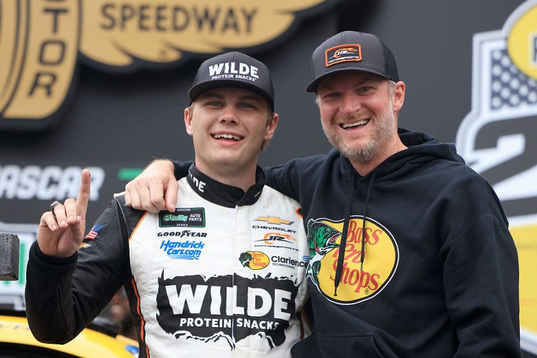 Carson Kvapil (L) and Dale Earnhardt Jr. (R) pose for a photo.