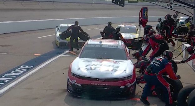Brent Crews overshoots pit stall at Iowa
