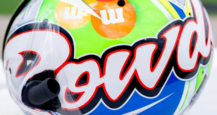 Close up view of a racing helmet.