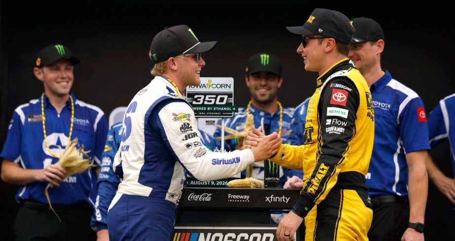 ty gibbs and christopher bell shake hands after the iowa cup series race
