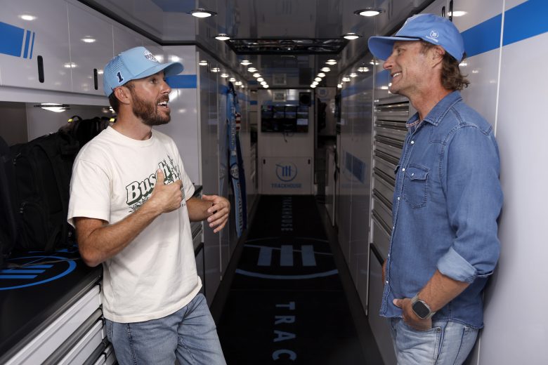 Ross Chastain chats with Dierks Bentley at his hauler.