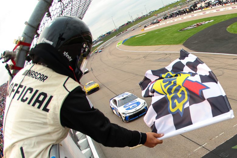 Ty Gibbs takes the checkered flag.