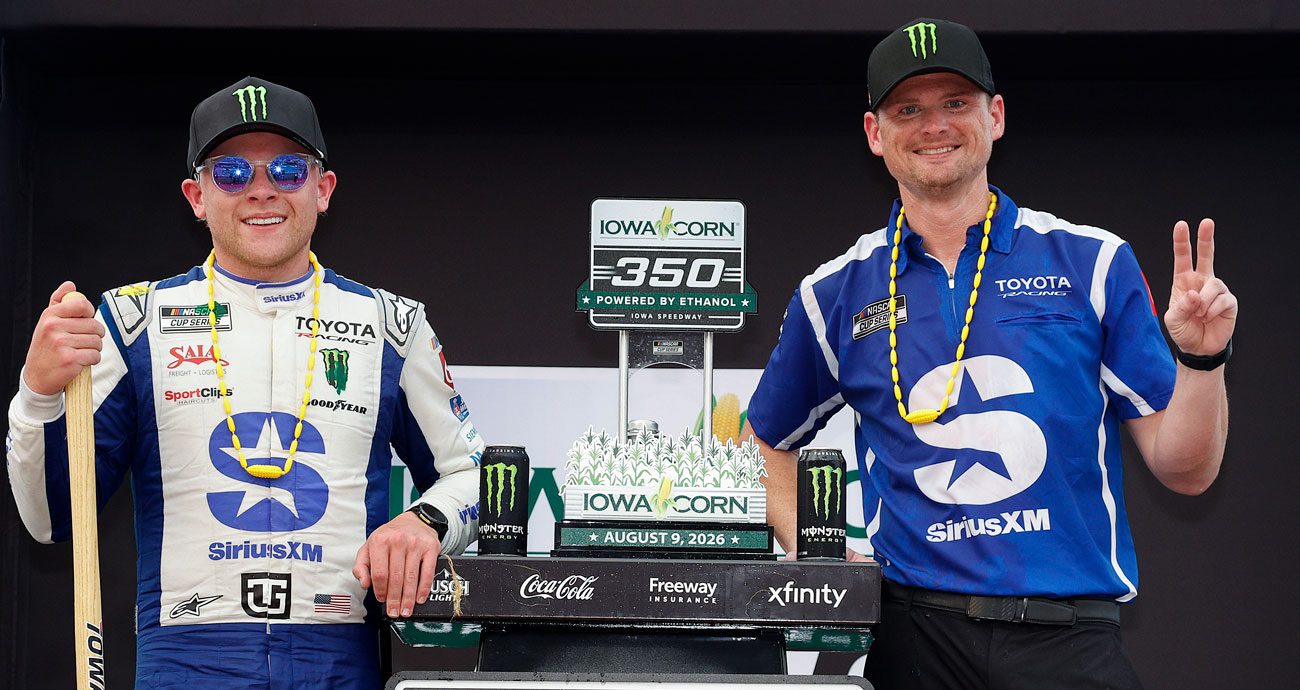 Ty Gibbs and Tyler Allen celebrate their NASCAR Cup Series win at Iowa.