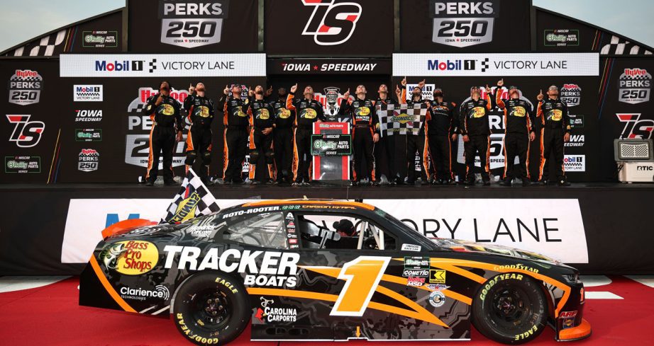 Carson Kvapil and the No. 1 JR Motorsports team celebrate in Victory Lane at Iowa Speedway.