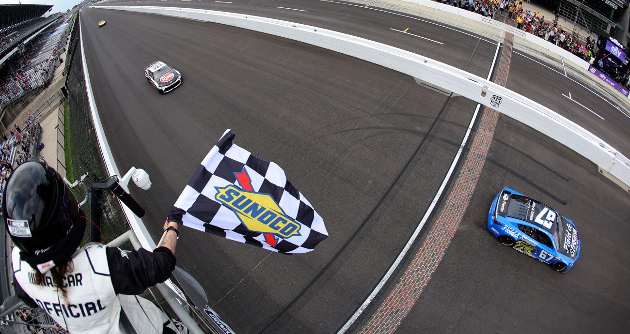 Christopher Bell finishes second to Corey Heim at the Brickyard 400 at Indianapolis Motor Speedway.