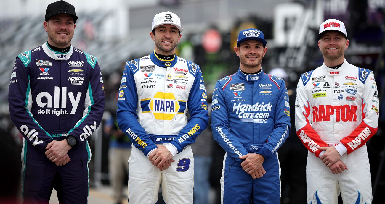 (From left to right) Alex Bowman, Chase Elliott, Kyle Larson and William Byron pose for a photo at Daytona International Speedway.