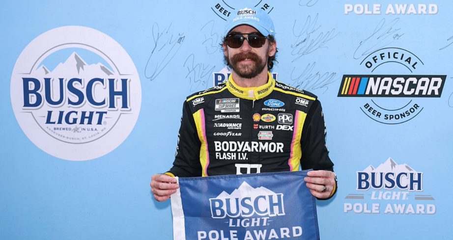 Ryan Blaney celebrates after winning the pole at Richmond.