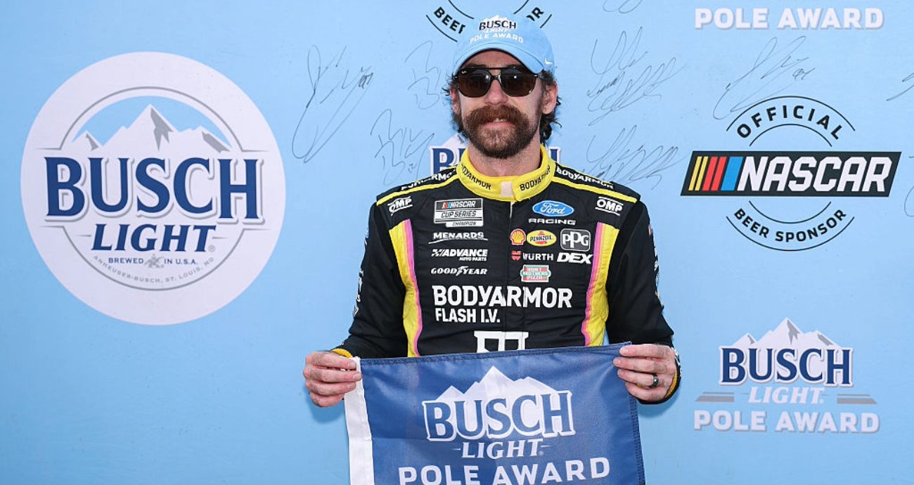 Ryan Blaney celebrates after winning the pole at Richmond.