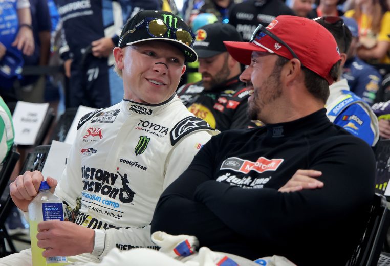 Ty Gibbs and Josh Berry chat during the drivers meeting at Richmond.