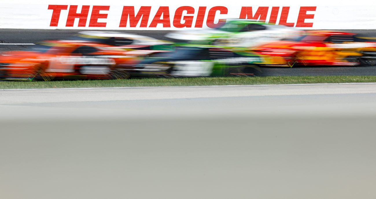 A general view of racing during the NASCAR Cup Series Mobil 1 301 at New Hampshire Motor Speedway on Sept. 21, 2025 in Loudon, New Hampshire.