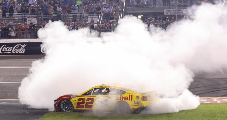 Joey Logano does a burnout after winning the NASCAR Cup Series race on Aug. 15, 2026 at Richmond Raceway.