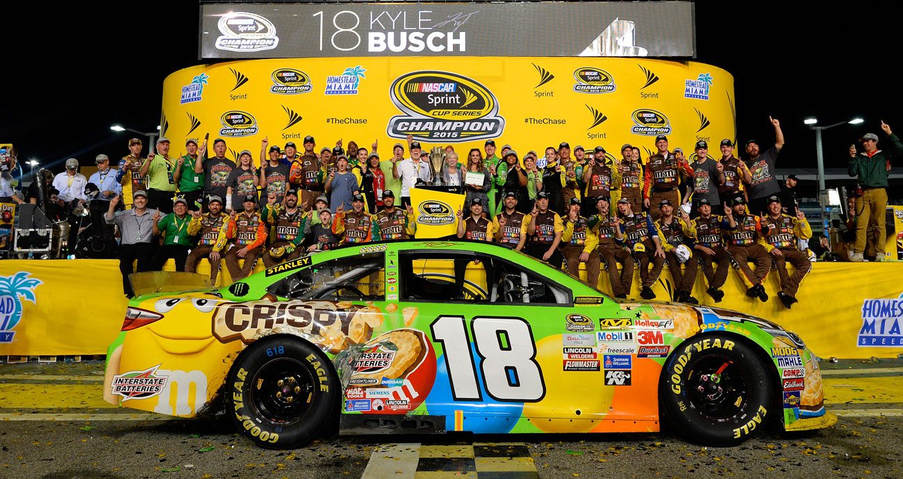 Kyle Busch celebrates in Victory Lane at Homestead-Miami Speedway.
