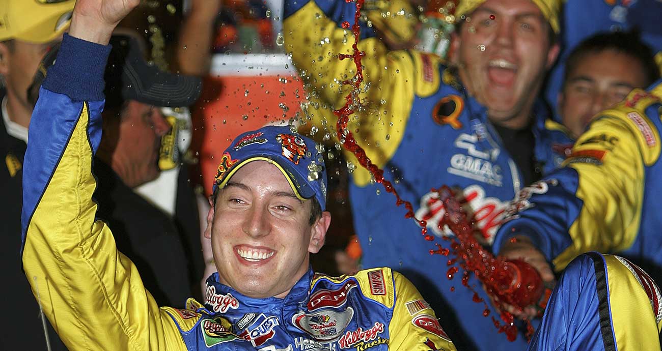 Kyle Busch celebrates in Victory Lane at California Speedway after his first Cup Series win in 2005