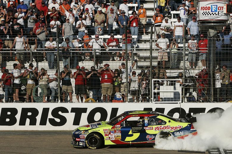 Kyle Busch does a celebratory burnout in the No. 5 Chevrolet following his NASCAR Cup Series win at Bristol Motor Speedway.