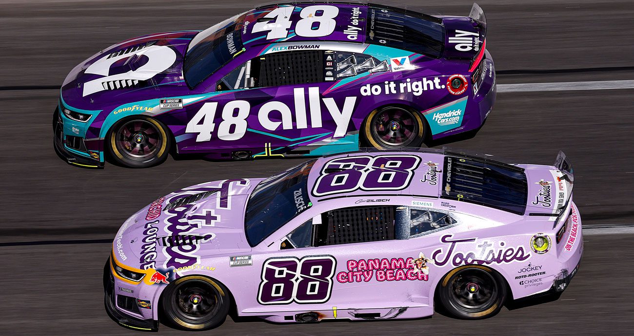 Alex Bowman, driver of the No. 48 Hendrick Chevrolet, races Connor Zilisch, future driver of the No. 48 Hendrick Chevrolet.