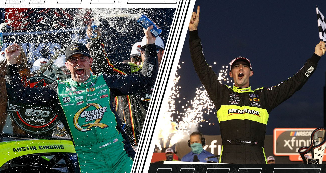 Split image of Austin Cindric celebrating a Cup Series win, left, and the 2020 O'Reilly Auto Parts Series championship.