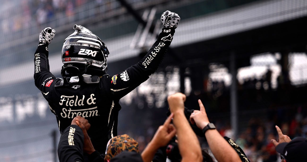 Defending Truck Series champion Corey Heim celebrates a Brickyard 400 win in the NASCAR Cup Series.