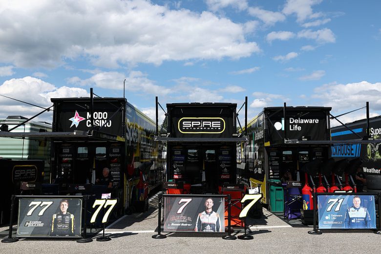 A general view of Spire Motorsports' haulers.