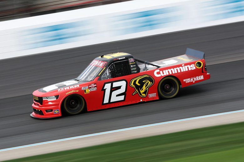 Brenden Queen drives at New Hampshire.
