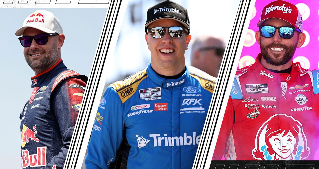 A split image depicting Shane van Gisbergen (L), Brad Keselowski (C) and Ross Chastain (R).