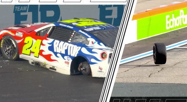Byron crashes after losing left-rear wheel