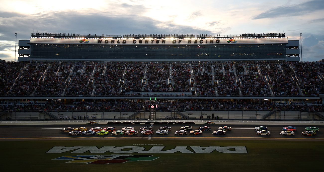 A scenic dusk view of Daytona International Speedway on Aug. 23, 2025, during the NASCAR Cup Series race.