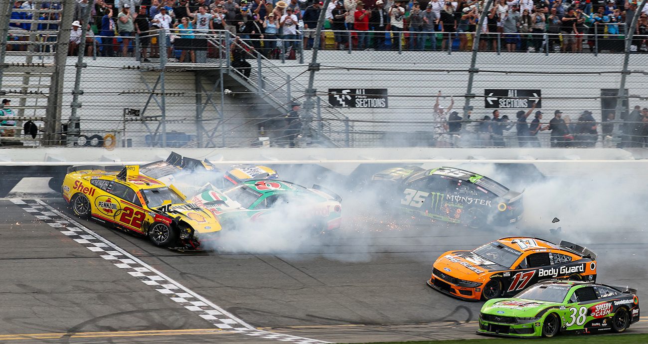 Joey Logano, Brad Keselowski, Chase Elliott and Riley Herbst spin after an on-track incident to end the NASCAR Cup Series Daytona 500 at Daytona International Speedway on Feb. 15, 2026 in Daytona Beach, Florida.
