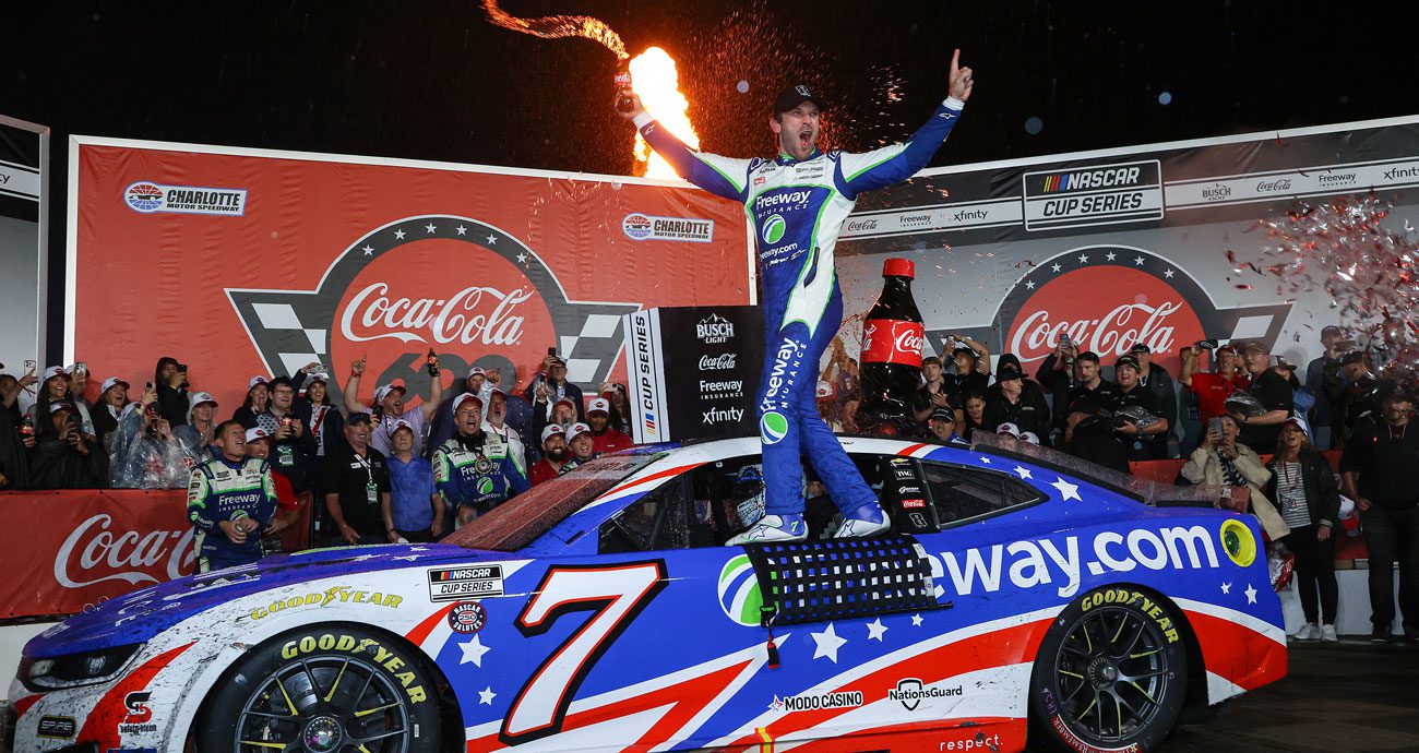 Daniel Suárez celebrates his first win at Spire in the Coca-Cola 600.