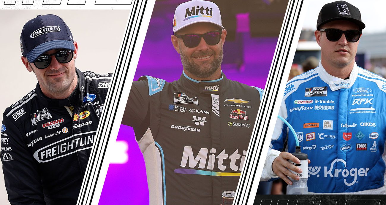 A split image depicting Austin Cindric (L), Shane van Gisbergen (C) and Ryan Preece (R).