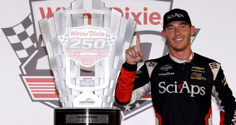 Ryan Sieg celebrates in Victory Lane after winning the NASCAR O'Reilly Auto Parts Series race at Daytona on August 28, 2026.