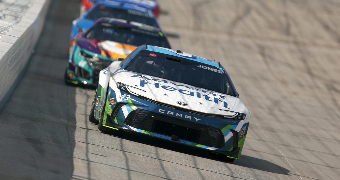 erik jones drives during a race in his No. 43 legacy motor club toyota