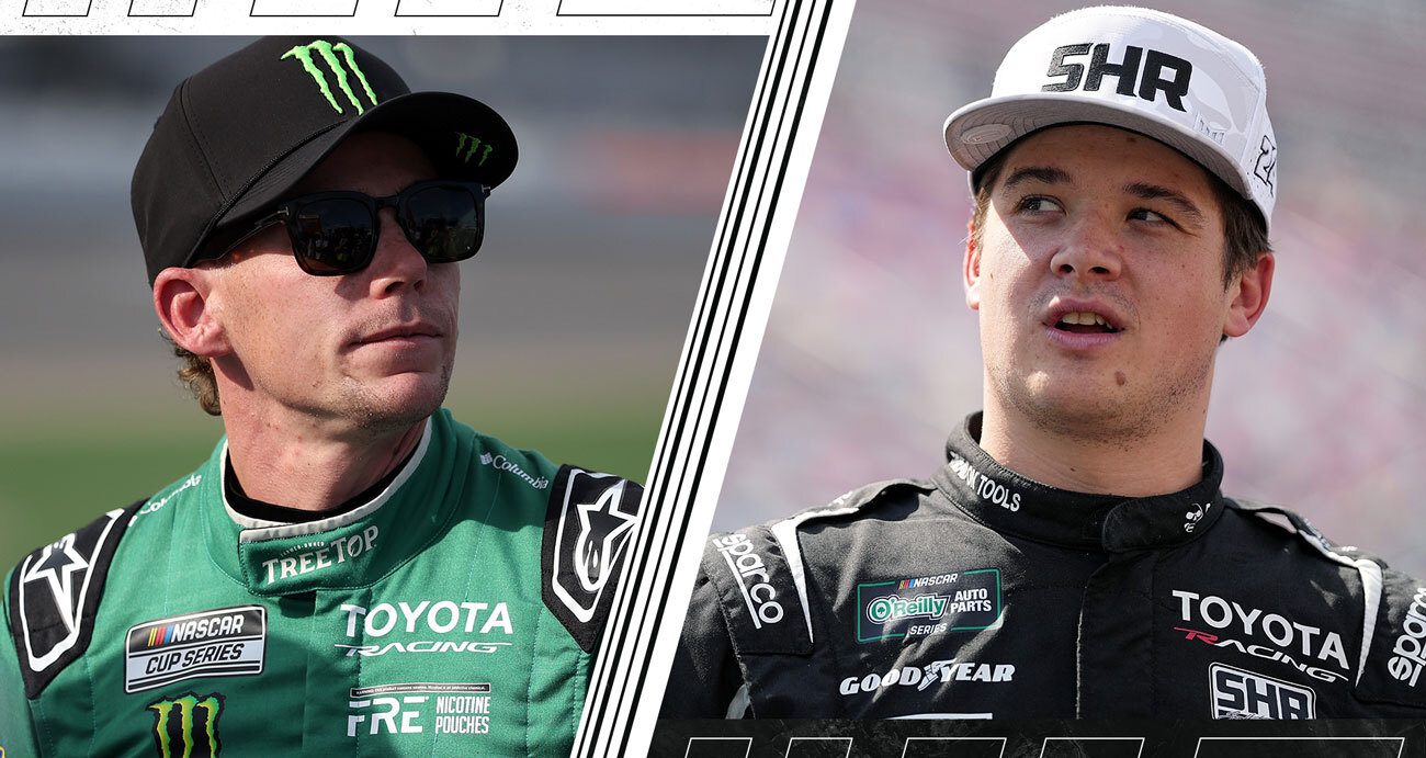 A split image depicting Riley Herbst (L) and Harrison Burton (R).