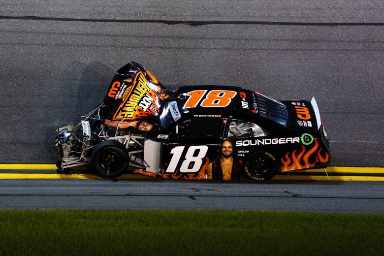 William Sawalich drives his damaged car at Daytona.
