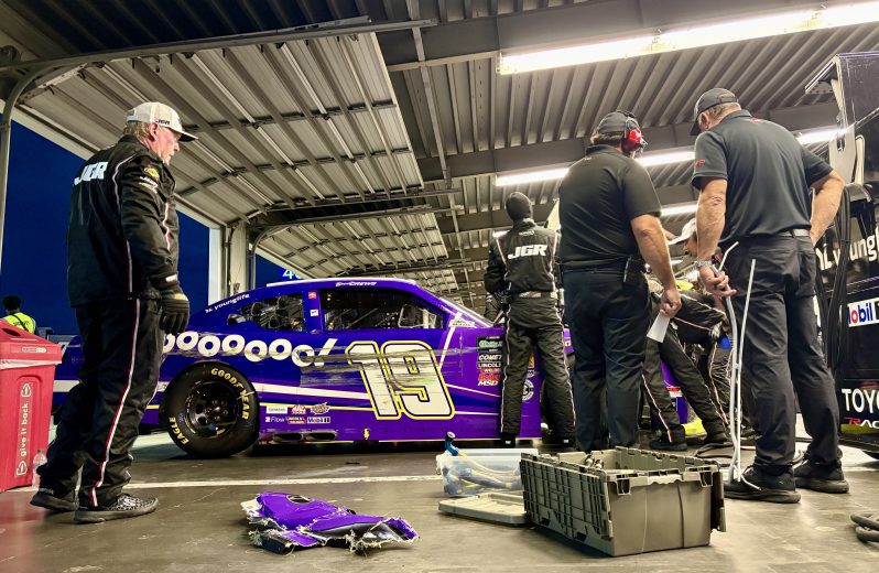 Brent Crews' damaged car sits in the garage at Daytona.