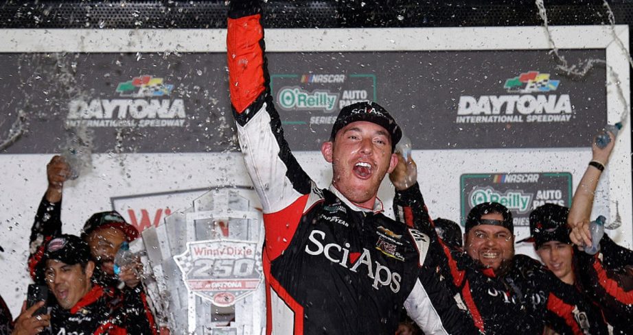 Ryan Sieg celebrates in Victory Lane at Daytona.