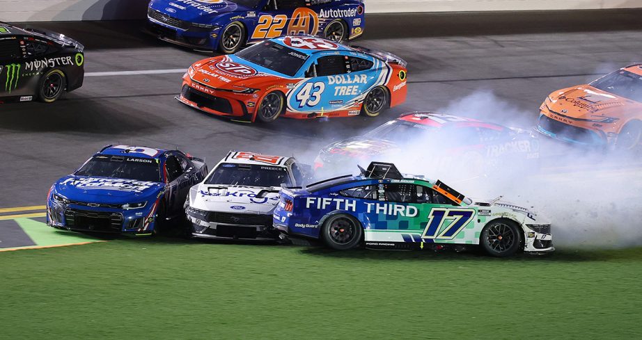 Chris Buescher, Ryan Preece and Kyle Larson crash at Daytona.