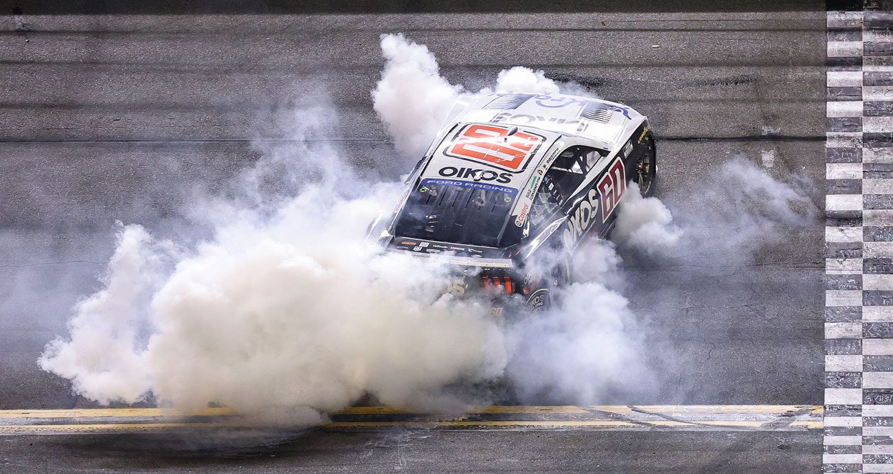 Ryan Preece performs a burnout after winning a NASCAR Cup Series race at Daytona.