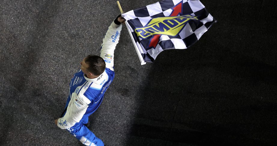 Ryan Preece holds the checkered flag aloft after winning the Coke Zero Sugar 400 on Aug. 29, 2026 at Daytona International Speedway.