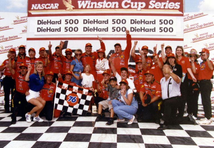 Jimmy Spencer celebrates in Victory Lane at Talladega.