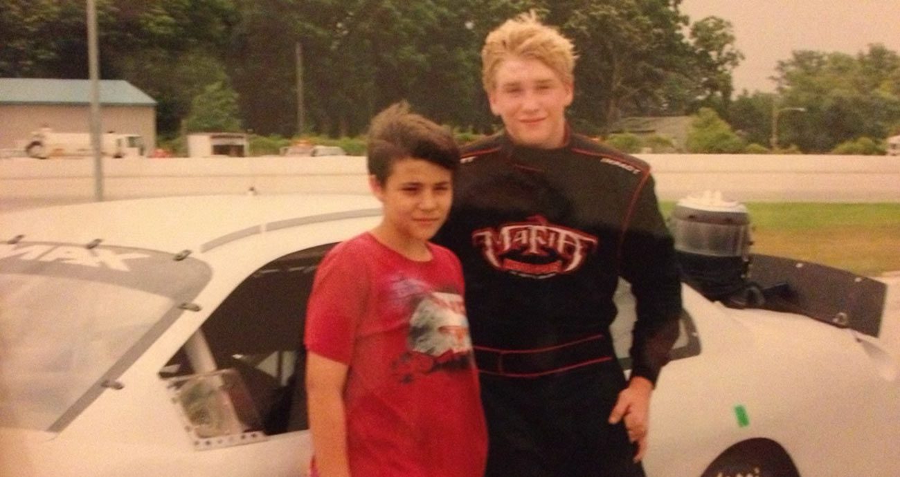 Chris Buescher, then 15, at his first ARCA Menards Series test in 2008 with the Roulo Bros. team at Illiana Motor Speedway, with 12-year-old tire specialist David Roulo