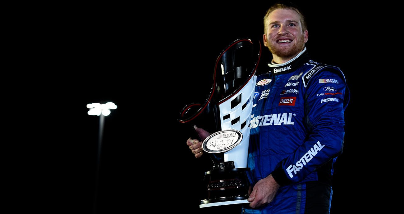 Chris Buescher with his Xfinity Series championship trophy at Homestead-Miami Speedway