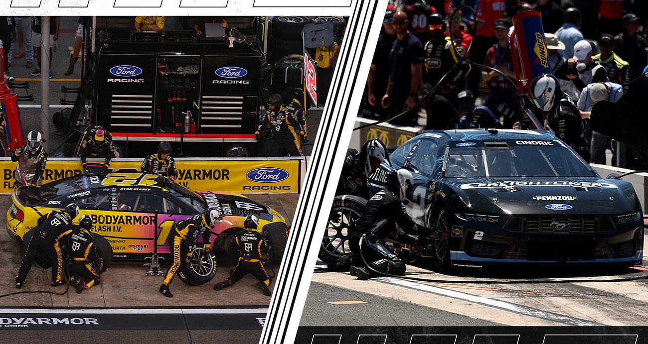 A split image of Ryan Blaney and Austin Cindric pit crews of Team Penske