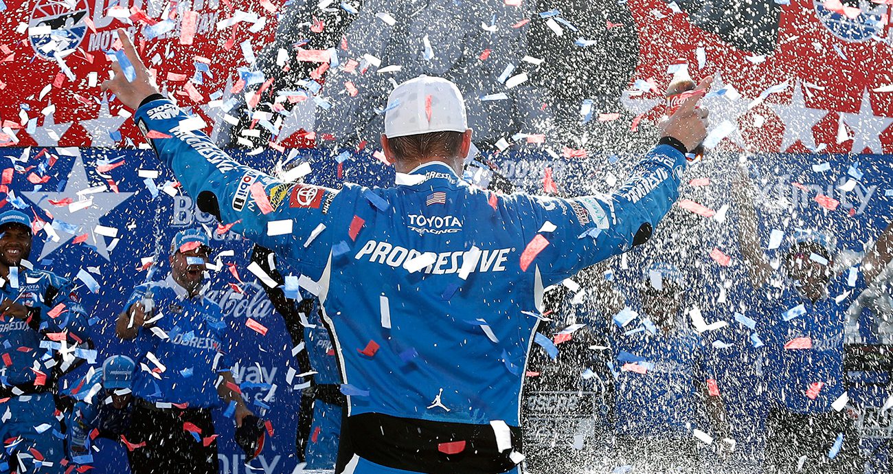 denny hamlin celebrates a win