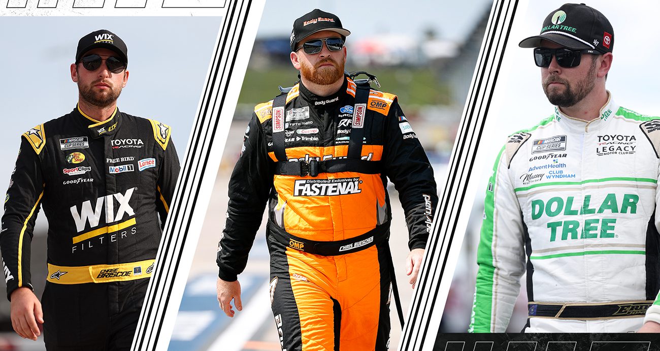 A split image featuring Chase Briscoe, Christ Buescher and Erik Jones for Racing Insights' Darlington Southern 500 predictions.