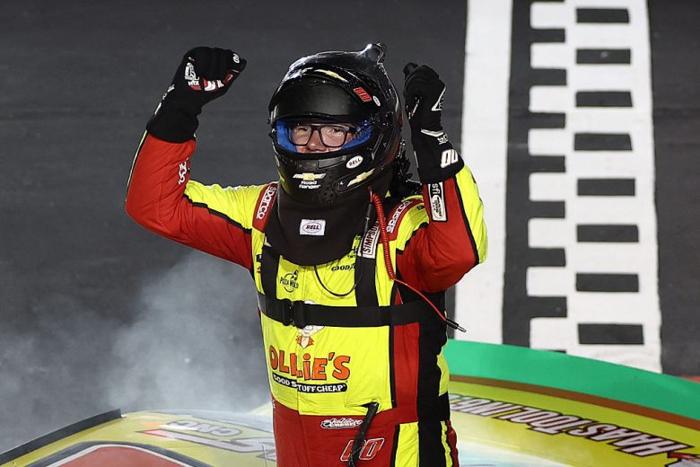 Sheldon Creed celebrates after winning at Darlington.