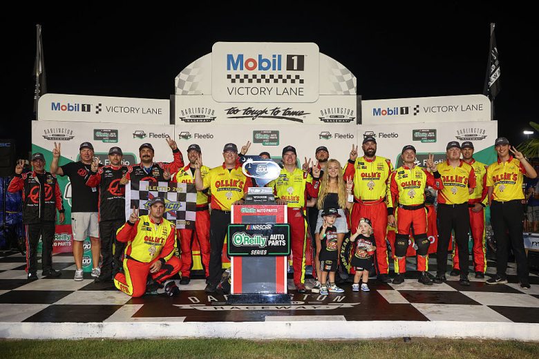 Sheldon Creed celebrates in Victory Lane at Darlington.