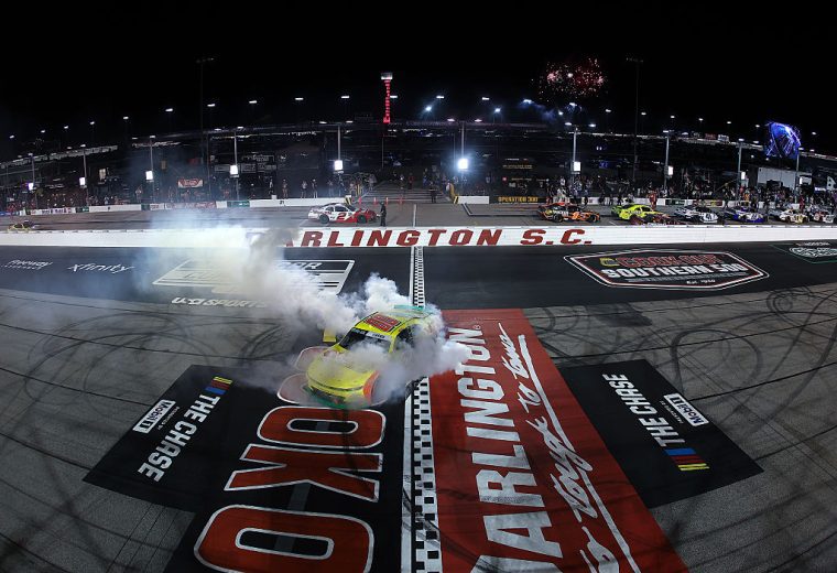 Sheldon Creed does a burnout at Darlington.