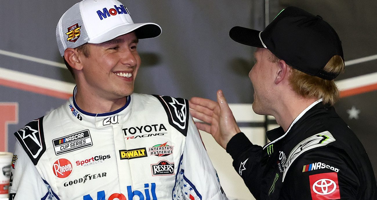 Ty Gibbs congratulates teammate Christopher Bell in Victory Lane after the Cook Out Southern 500 on Sept. 6, 2026 at Darlington Raceway.