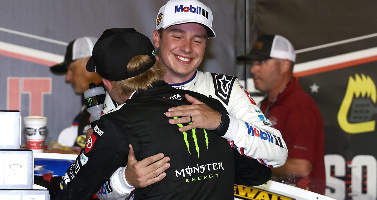 Ty Gibbs congratulates teammate Christopher Bell in Victory Lane on Sept. 6, 2026 at Darlington Raceway.