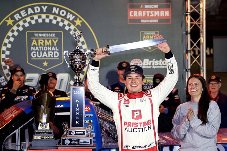 Christopher Bell celebrates in Victory Lane at Bristol Motor Speedway.